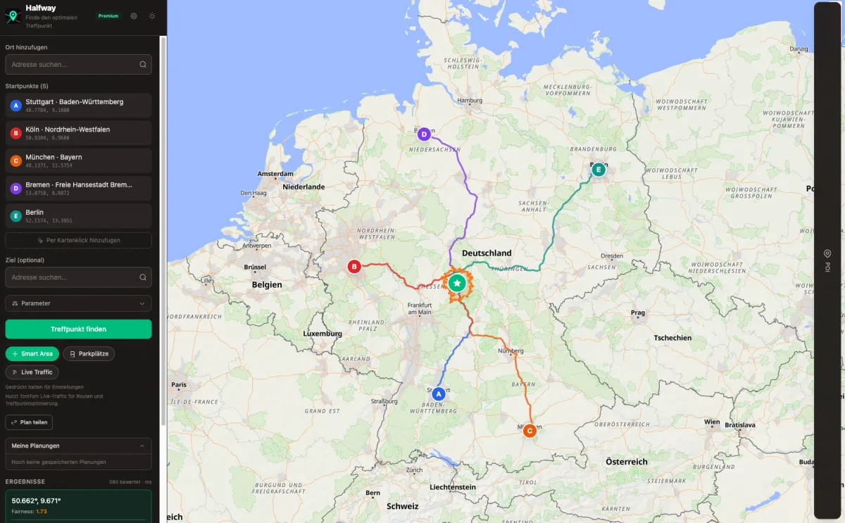 Berechneter Treffpunkt mit Routen